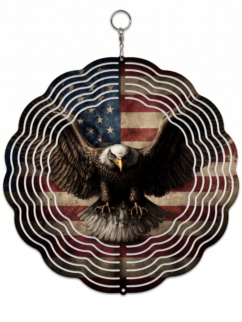10" American Flag Bald Eagle Metal Kinetic Wind Spinner - Hanging Yard Decor